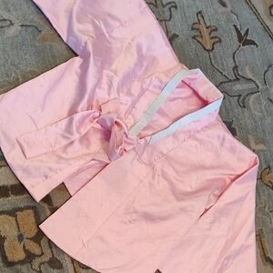 Pink Satin Wrap Cropped Kimono with White Trim